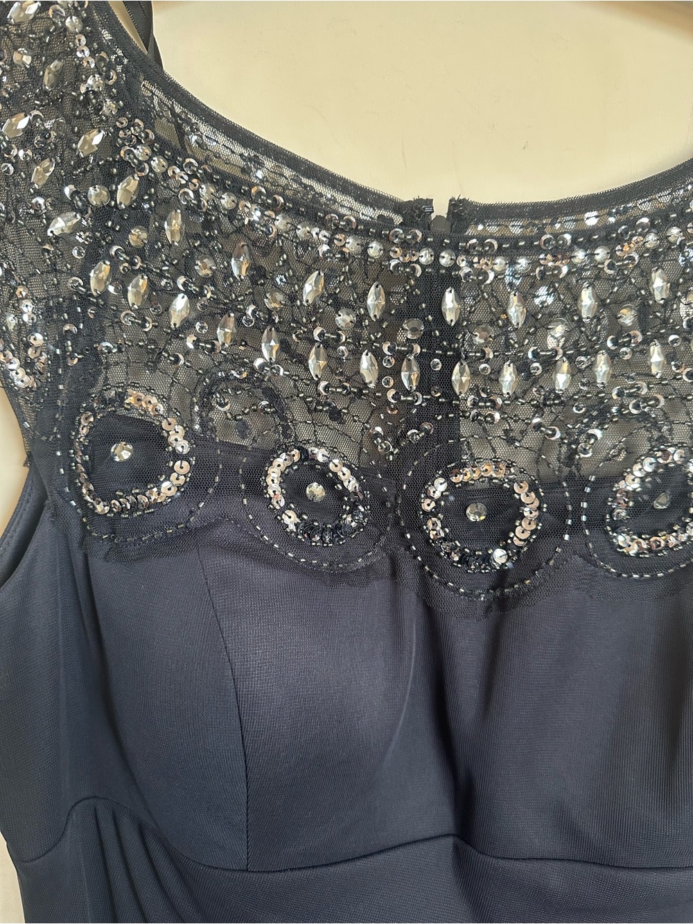 Xscape Navy Rhinestone Beaded and Ruched Formal Evening Gown - Picture 6 of 7